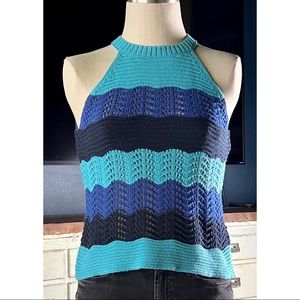 Anthropologie Jenette Crochet Blue Halter Sleeveless Sweater Top NWT New XS